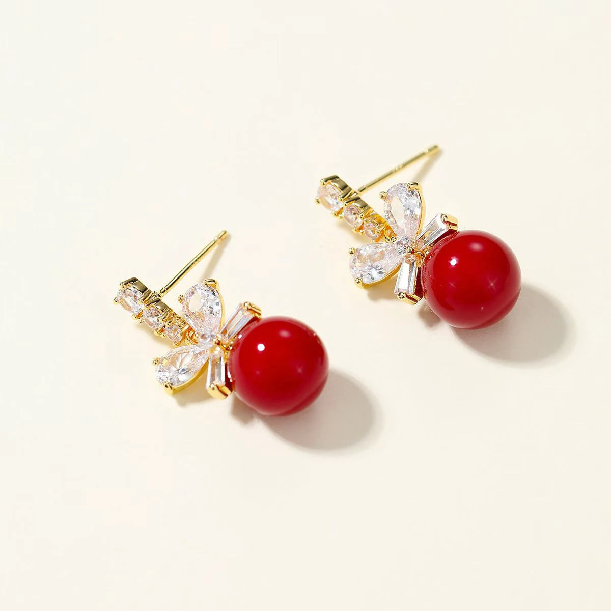 Fashion Simple Bowknot Cherry Red Glitter Drop Earrings for Girls Elegant Dainty Glamorous Jewelry for Women Ladies Accessories