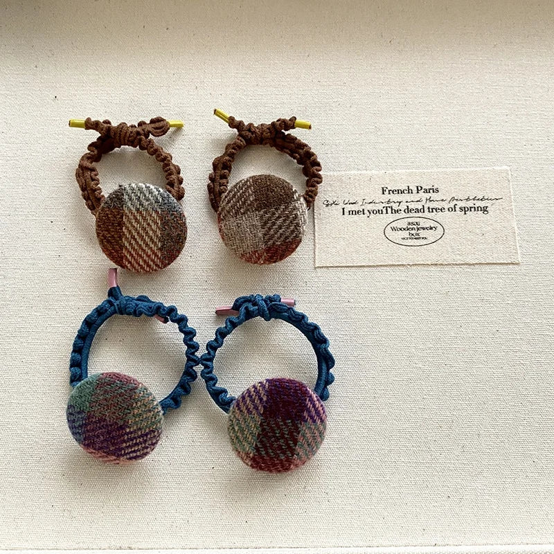 Fashion French Style Button Plaid Scrunchies for Baby Girls High Elastic Hair Ties for Kids Children Hair Accessories in Stock