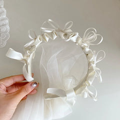 Women Beige Large Tulle Bowknot Headbands Fashion Elegant Beauty Customized Bulk Order in Stock Hairbands Accessory for Wedding