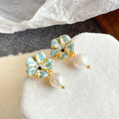 Fashion Flower Freshwater Pearl Drop Earrings for Girls 18K Gold Plated Jewelry for Women Ladies Wholesale China Factory Bulk