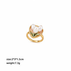 Fashion Freshwater Pearl Flowers Copper 18K Gold Plated Rings for Girls Sweet Elegent Jewelry for Women Ladies Wholesale Bulk