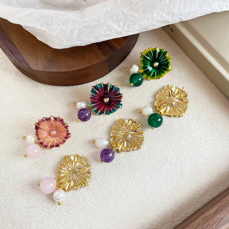 Female Green Pink Flower S925 Silver Freshwater Pearl 18k Gold-plated Drop Earring Bulk in Stock Fashion Jewelry for Daily