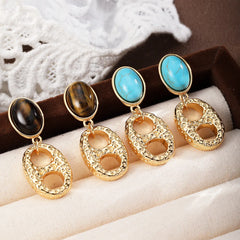 Fashion Blue Turquoise Tiger Eye Stone Drop Earrings for Girls Vintage Jewelry for Women Ladies Wholesale China Factory Bulk