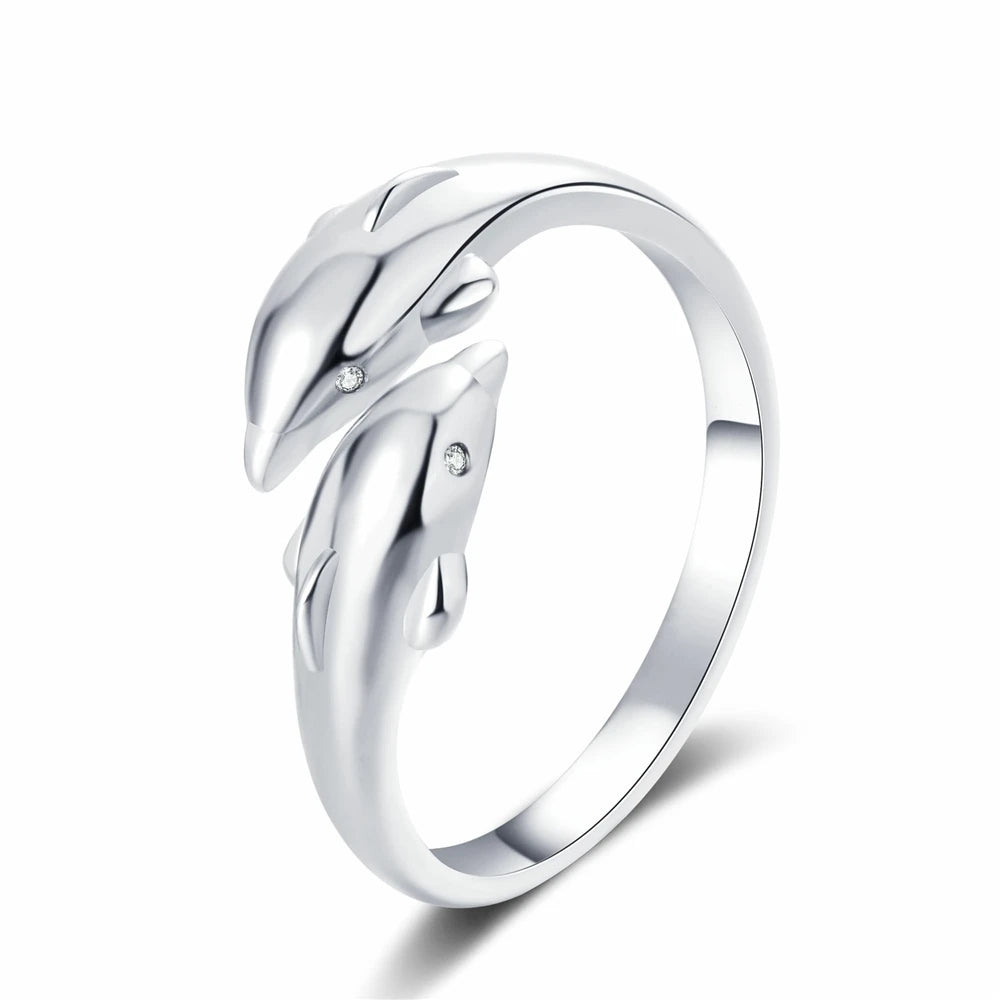 Double Dolphin Rings Women Fashion Niche Design Simple Adjustable Opening Cute Finger Ring Korean Style Accessories Wholesale