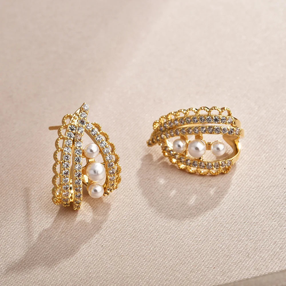 Exquisite Zirconium Lace Imitation Pearl Stud Earrings Women's Light Luxury High-end Elegant Sweet Earrings Jewelry 2026 New