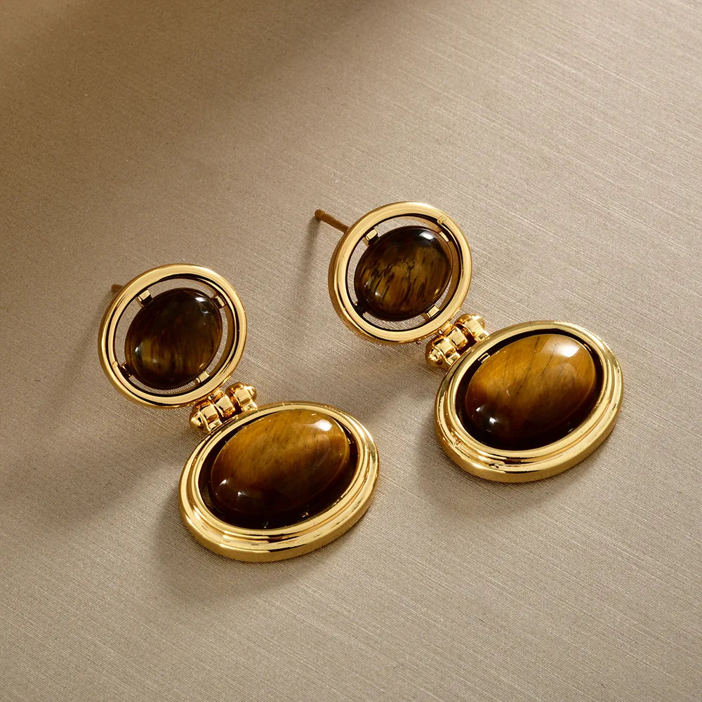 Retro Tiger Eye Stone and Faux Pearl Double Oval Drop Earrings Chic Statement Dangle Jewelry Women Ear Accessories Wholesale