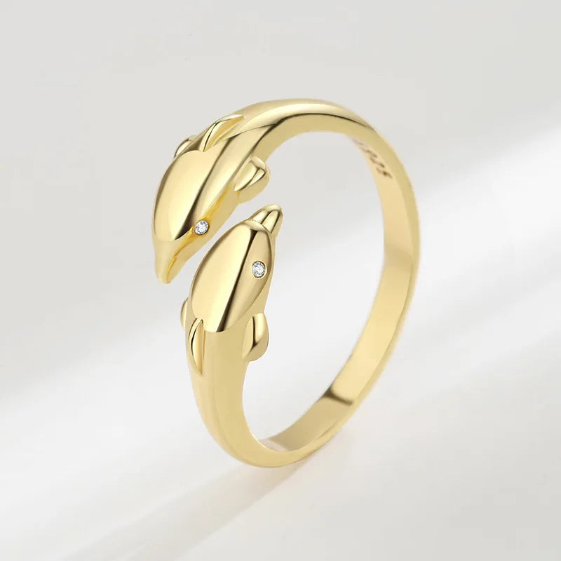 Double Dolphin Rings Women Fashion Niche Design Simple Adjustable Opening Cute Finger Ring Korean Style Accessories Wholesale