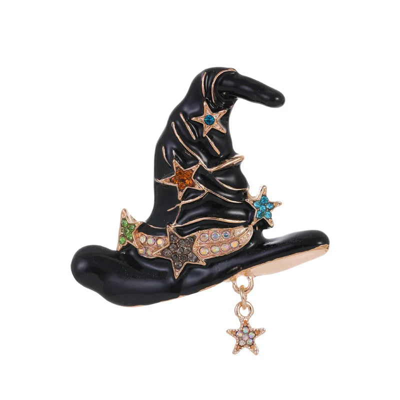 Fashion Trendy Sweet Witch Stylish Hat Brooches for Girls Gothic Halloween Pins Jewelry for Women Ladies Accessories Wholesale