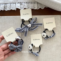 Kids Grey Grid Heart Dogs Decorative Small Hair Ties Fashion Chic Cute Ponytail Holder Scrunchies Accessories for Children Daily