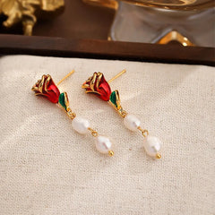 Fashion Flower Rose S925 Silver Copper 18K Gold Plated Freshwater Pearl Drop Earrings for Girls Sweet Jewelry for Women Ladies