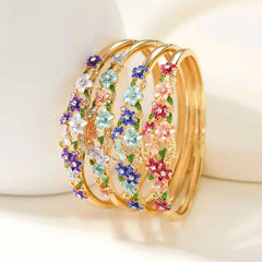 Glitter Rhinestone Flowers Trendy Dainty Luxury Bangles for Girls Elegant Bold Floral Jewelry for Women Ladies Accessories