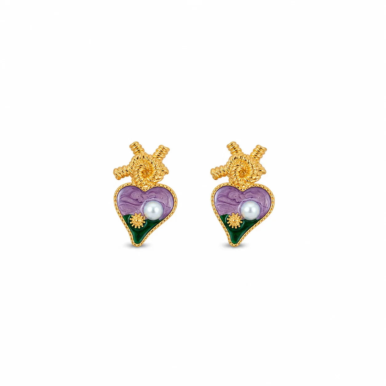 Women Green Purple Heart Shape 18k Gold-plated Pearl S925 Silver Stud Earring Vintage Elegant Low MOQ in Stock Jewelry for Daily