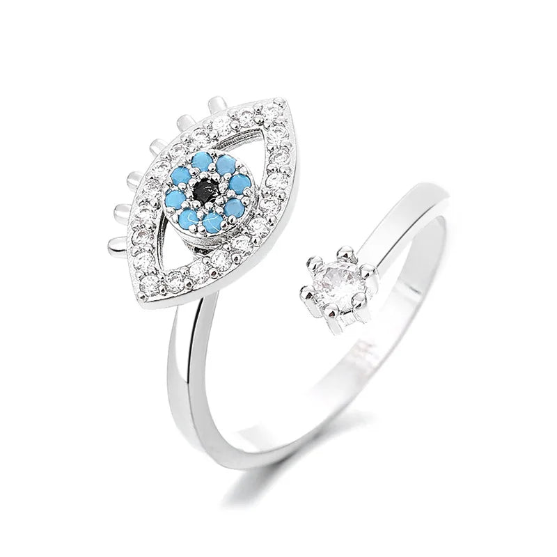 Women Evil's Eye Open Rings Adjustable Flower Rotating Ring with Cubic Zirconia Fashion Elegant Jewelry Gift Accessory Wholesale