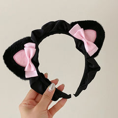 Hot Sale Cat Ear Pink Bowknot Large Black Downy Headbands Sweet Cute Wig Bands Wholesale in Stock Hairbands for Women Accessory