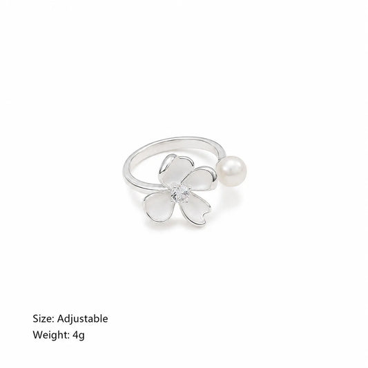 Fashion Freshwater Pearl Cubic Zirconia Flowers White K Plated Rings for Girls Sweet Jewelry for Women Ladies Wholesale Simple