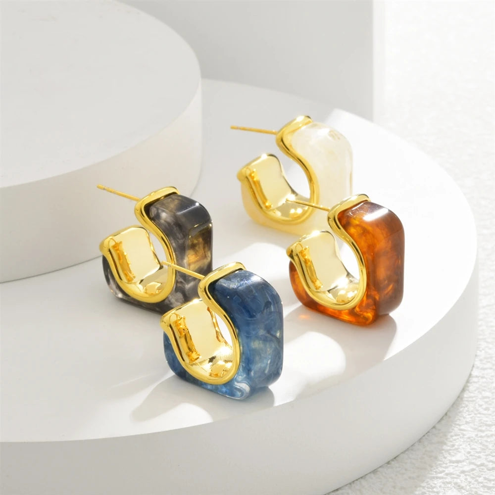 Retro Elegant  Geometric  Earrings Amber Resin Unique C-shaped Design Earrings Fashionable Luxury High-end Ear Accessories Women