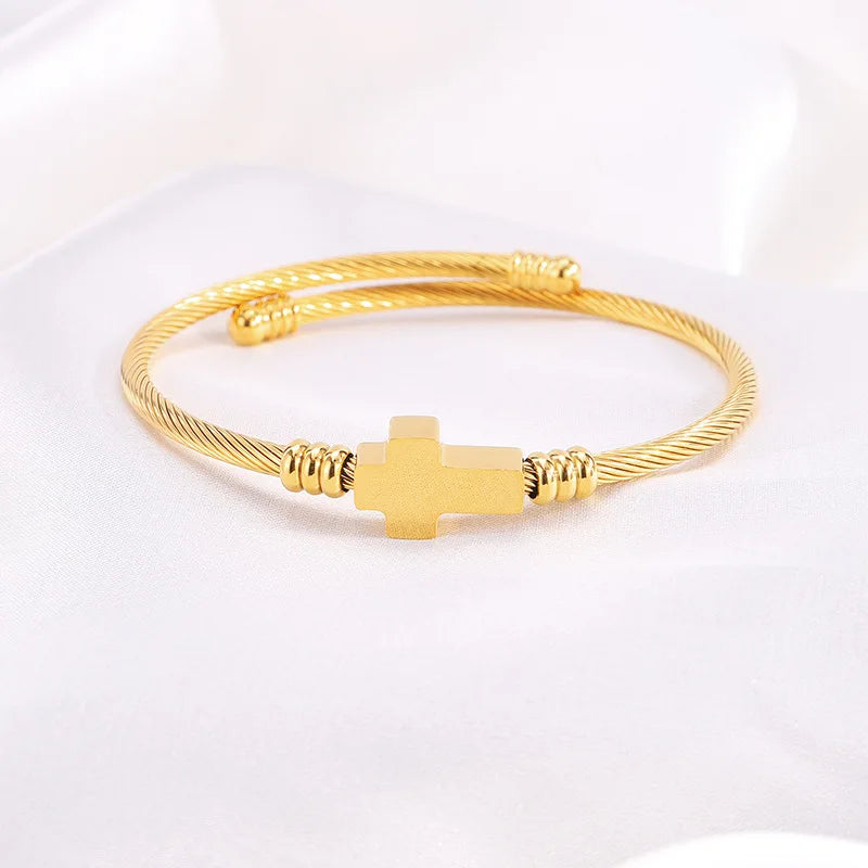 Stainless Steel Cable Bangle Bracelet Women's Heart and Cross Charm Adjustable Open Cuff Fashion Jewelry Accessories Wholesale