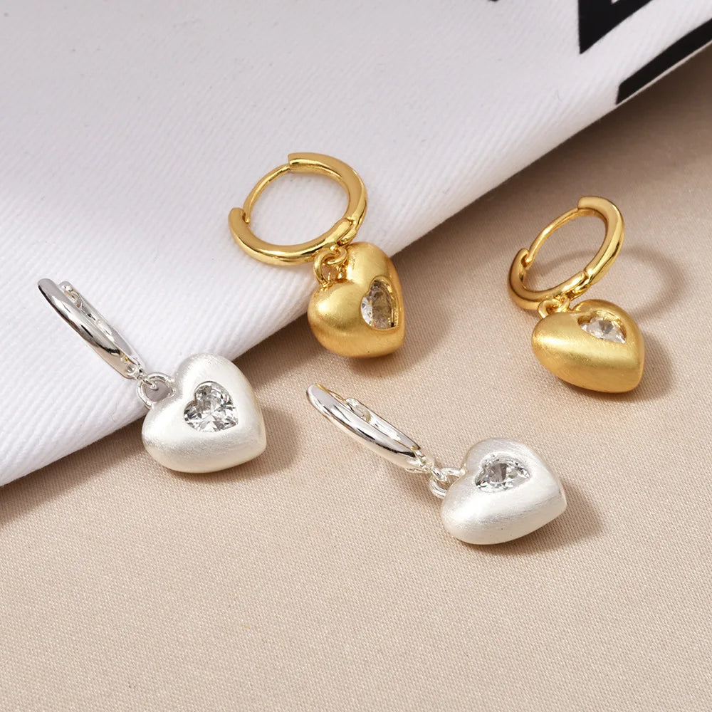 French-style Cute Zirconium-inlaid Hoop Earrings Gold Brushed Round Square Heart-shaped Small Ear Buckles Elegant Accessories