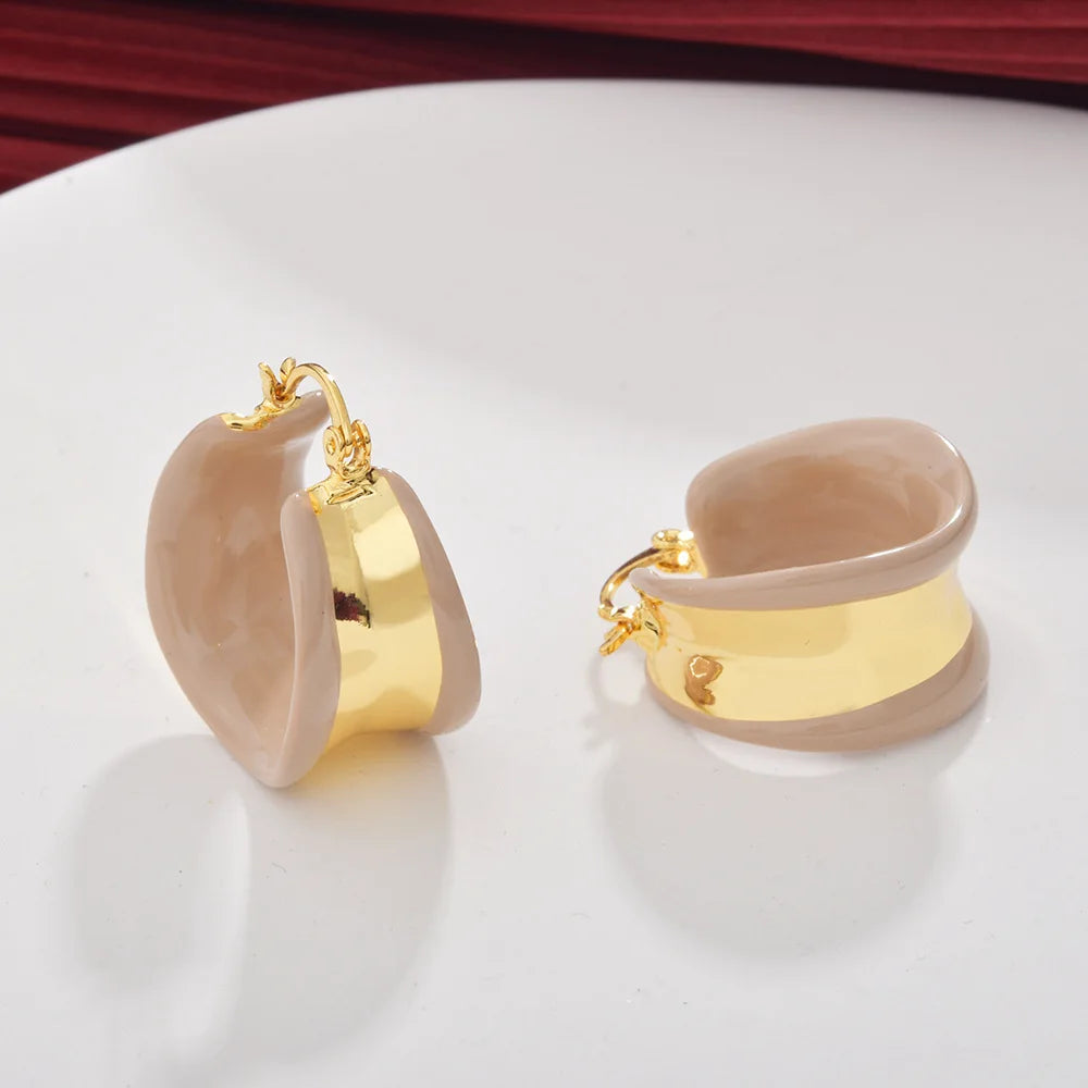 Female Trendy Geometric Earrings Maillard Color Oil Dropping Wide Face Hepburn Style Elegant Retro Chic Fashion Earrings Bulk