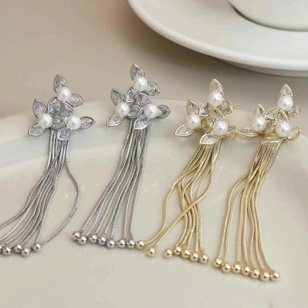Women Mental Tassel Irregular Shape Imitation Pearl Drop Earring Exaggerated Fashion Chic Glitter Bulk Daily Jewelry Accessories