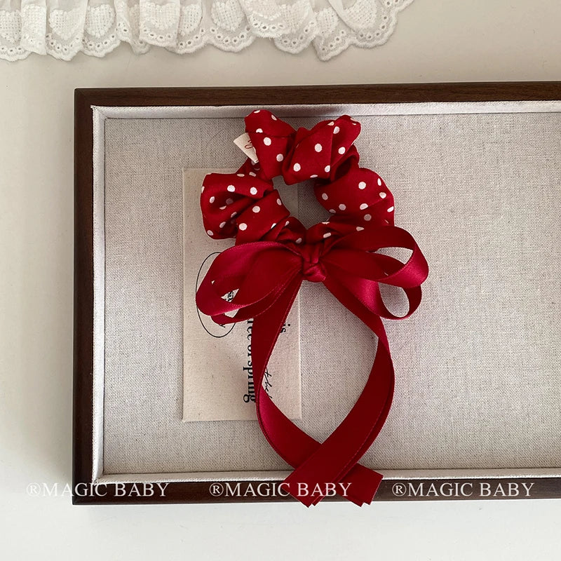 Fashion Polka Dot Ribbon Bowknot Scrunchies for Baby Kids Cute Sweet Hair Ties for Kids Children Hair Accessories in Stock