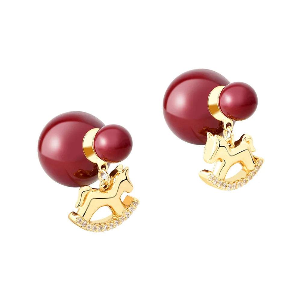 New Style Horse New Year Earrings Fashion Charm Red Imitation Pearl Stud Earrings for Horse Year Festival Ear Accessories Bulk