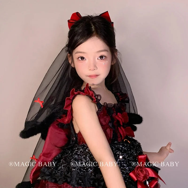 Halloween Hair Clip for Kids Red Ribbon Bow Mesh Gothic Style Children Hair Accessories Spooky Elegant Costume Party Hairpins