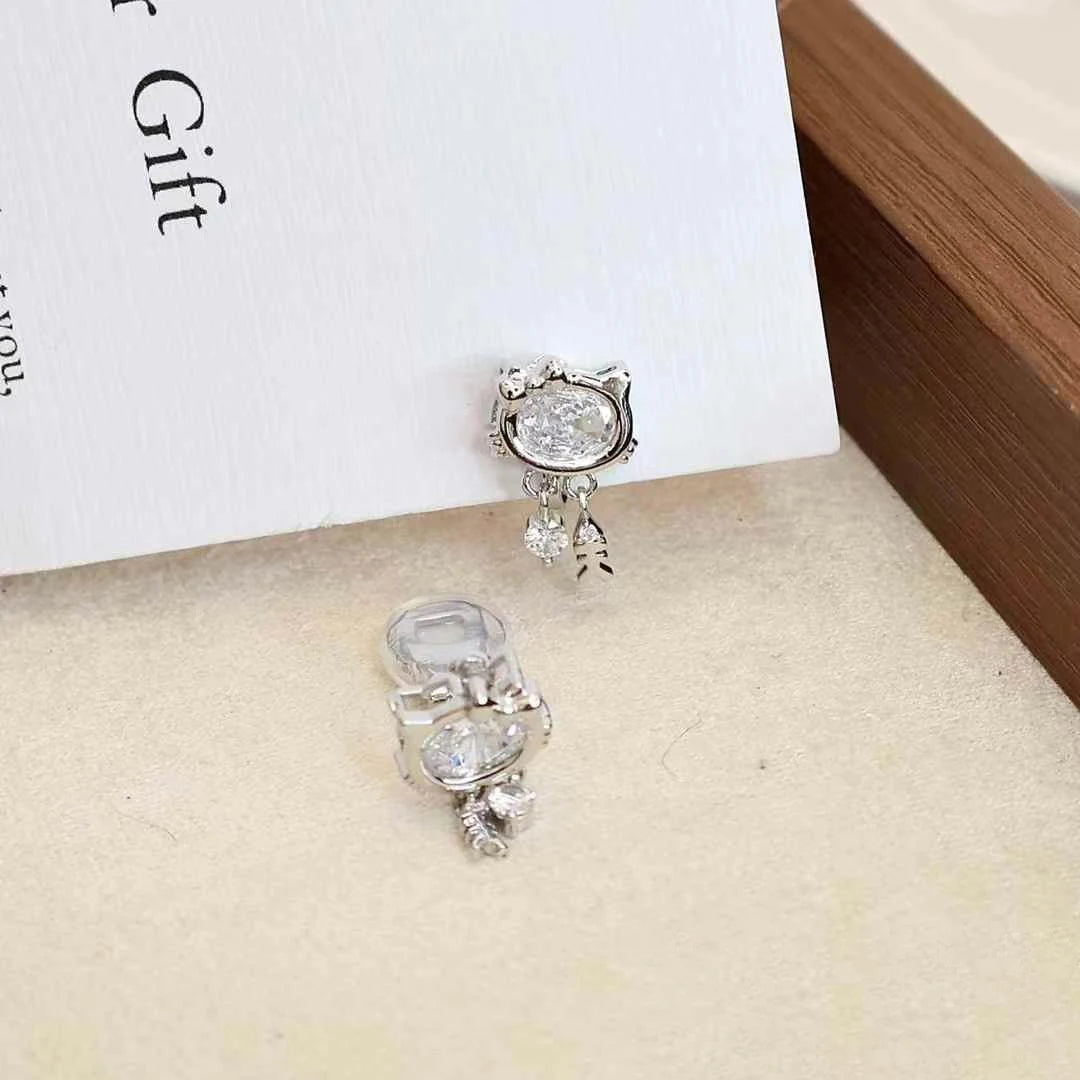 Ladies Small Rhinestone Cat Decorative Cat Shape Small Clip-on Earring Fashion Sparking Cute Charms Bulk Daily Jewelry Accessory