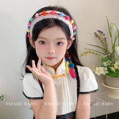 Girly Aesthetic Colorful Bobbles Ribbon Wide Headbands Elegant Sweet Stock Hairbands Accessories for Kids and Children