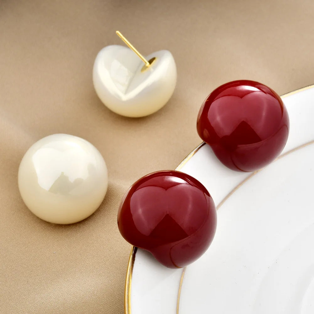 Retro Women's Earrings Stud Wine Red Imitation Pearl Ball Earrings Fashionable Elegant Light Luxury Fashion Wholesale Jewelry