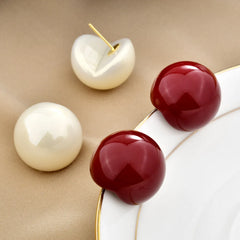 Retro Women's Earrings Stud Wine Red Imitation Pearl Ball Earrings Fashionable Elegant Light Luxury Fashion Wholesale Jewelry