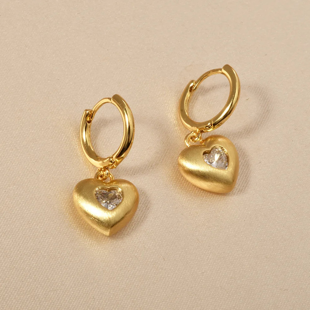 French-style Cute Zirconium-inlaid Hoop Earrings Gold Brushed Round Square Heart-shaped Small Ear Buckles Elegant Accessories