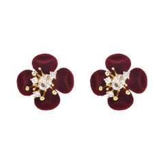 Retro Burgundy Flocked Flower Stud Earrings Ultra-Shiny Zircon-Inlaid Earrings Unique Design Elegant Ear Studs Autumn and Winter
