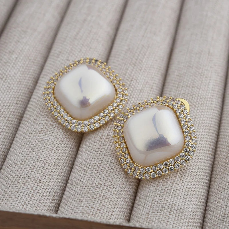 Light Luxury High-End Imitation Pearl Stud Earrings Women's Geometric Zircon Korean Sweet Elegant Fashion Earrings Jewelry Bulk
