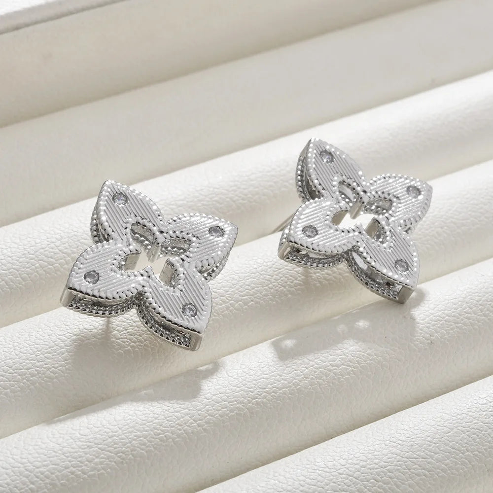 Gold Plated Quatrefoil Flower Stud Earrings Hollow Out Textured Geometric CZ Crystal Jewelry for Women Trendy Ear Accessories