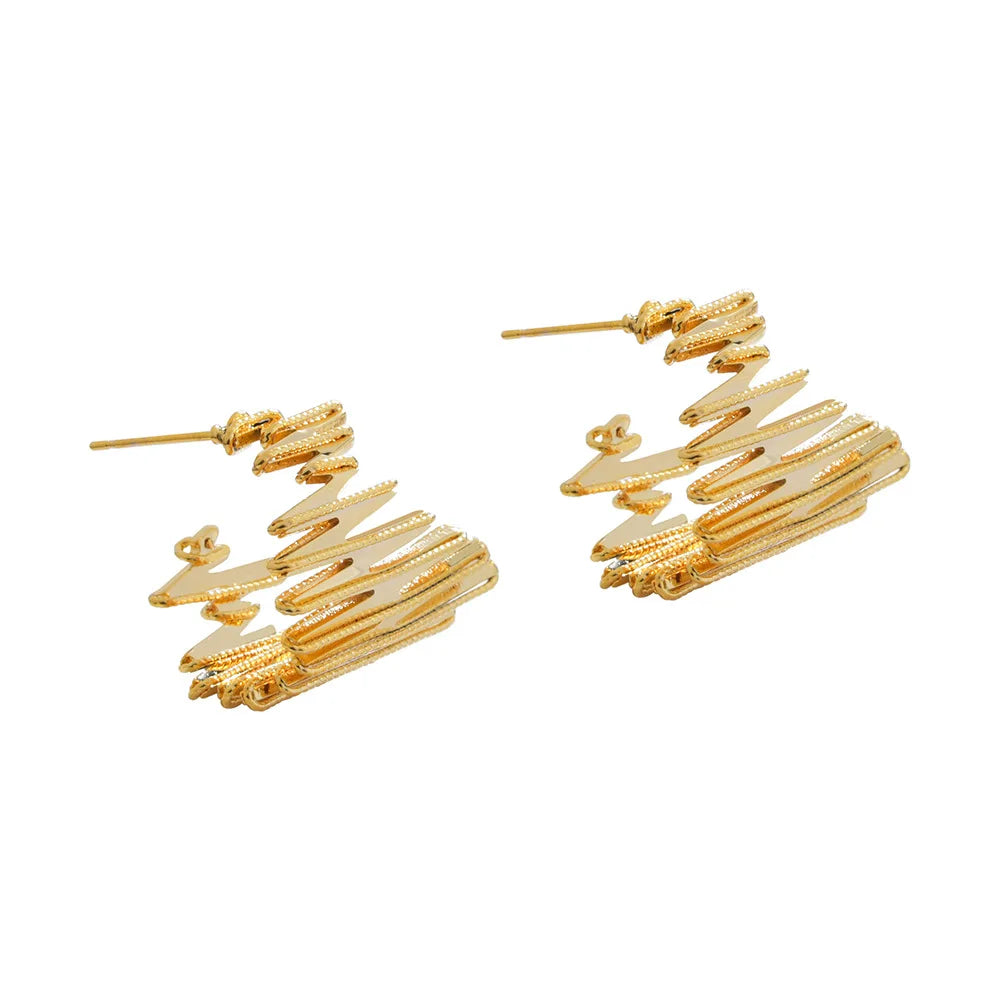 Fashion Gold Silver Plated Abstract Zigzag Line Hoop Earrings Women Irregular Geometric Textured Wavy Statement Ear Jewelry Bulk