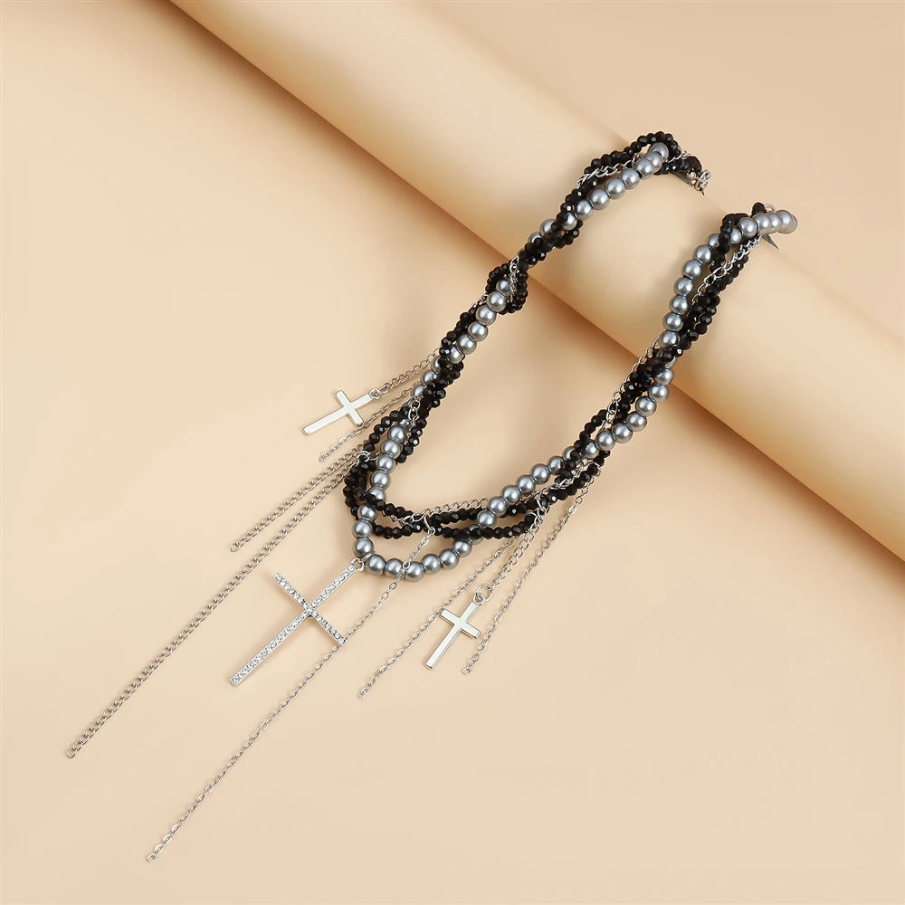 Fashion Beads Layered Wearing Cross Gothic Necklaces for Girls Sweet Spicy Trendy Jewelry for Women Ladies Accessories Wholesale