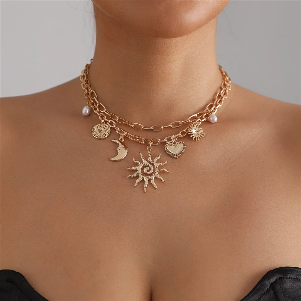 Fashion Punk Link Sun Heart Shaped Necklaces for Girls Elegant Charms Luxury Jewelry for Women Ladies Accessories Wholesale