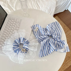 High Quality Elegant Light Blue Female Scrunchies Girls' Cute Large Hair Ties Sweet Style Accessory Stripe Lace High-End Hair