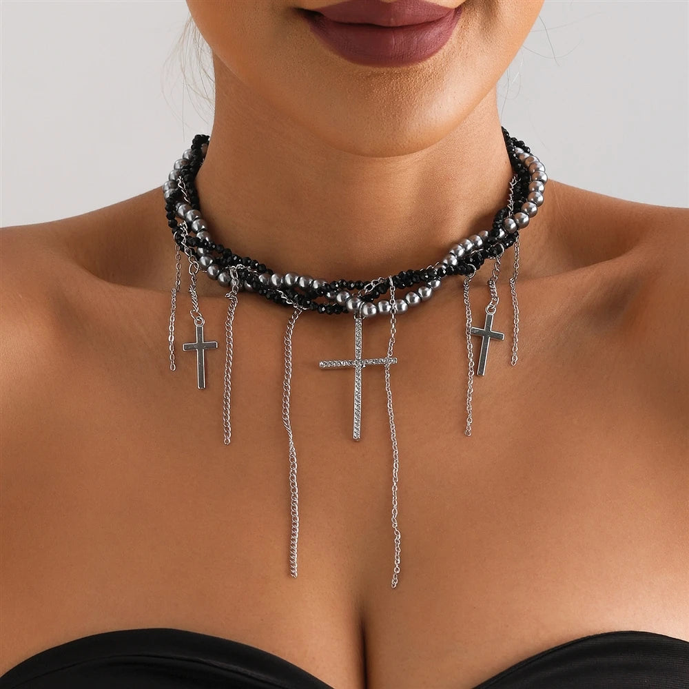 Fashion Beads Layered Wearing Cross Gothic Necklaces for Girls Sweet Spicy Trendy Jewelry for Women Ladies Accessories Wholesale