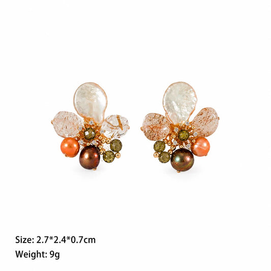 Fashion Freshwater Pearl Crystal Cubic Zirconia 18K Gold Plated Stud Earrings for Girls Trendy Jewelry for Women Lady Wholesale