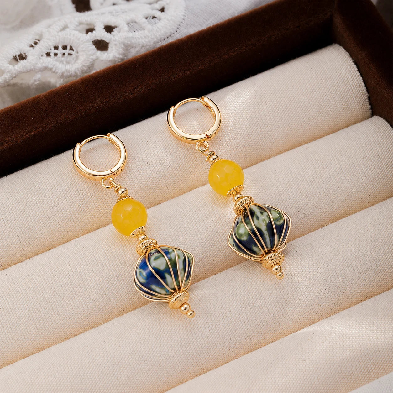 Fashion Ceramic Lapis Lazuli Agate Natural Stone 18K Gold Plated Jewelry Sets for Girls  Bracelets Earrings for Women Ladies