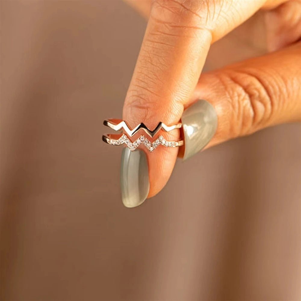 Trendy Double-layer Rings Solid Colors Zircon-encrusted Wavy Line Ring Japanese and Korean Style Simple Elegant Women Jewelry