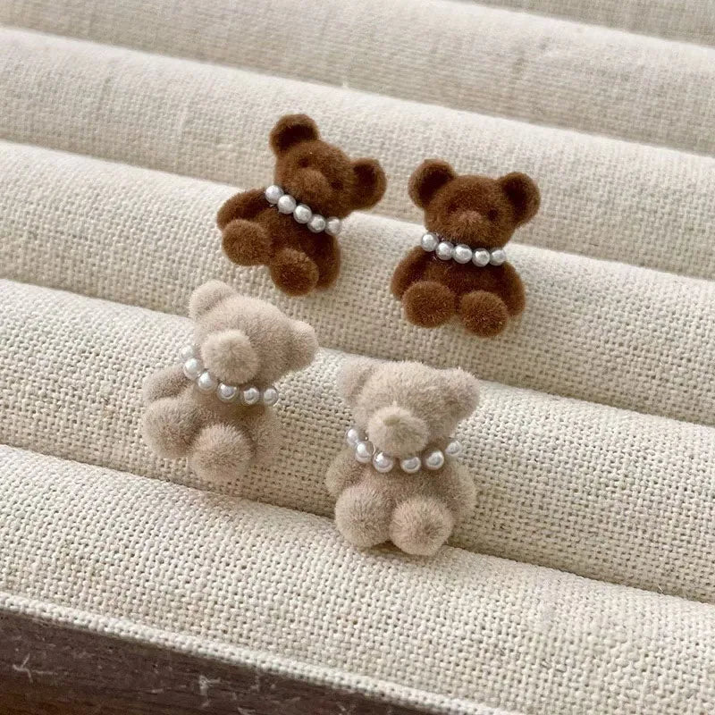 Fashion Sweet Fluffy Animals Bear Stud Earrings for Girls Trendy Imitation Pearl Jewelry for Women Ladies Accessories Wholesale