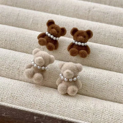 Fashion Sweet Fluffy Animals Bear Stud Earrings for Girls Trendy Imitation Pearl Jewelry for Women Ladies Accessories Wholesale