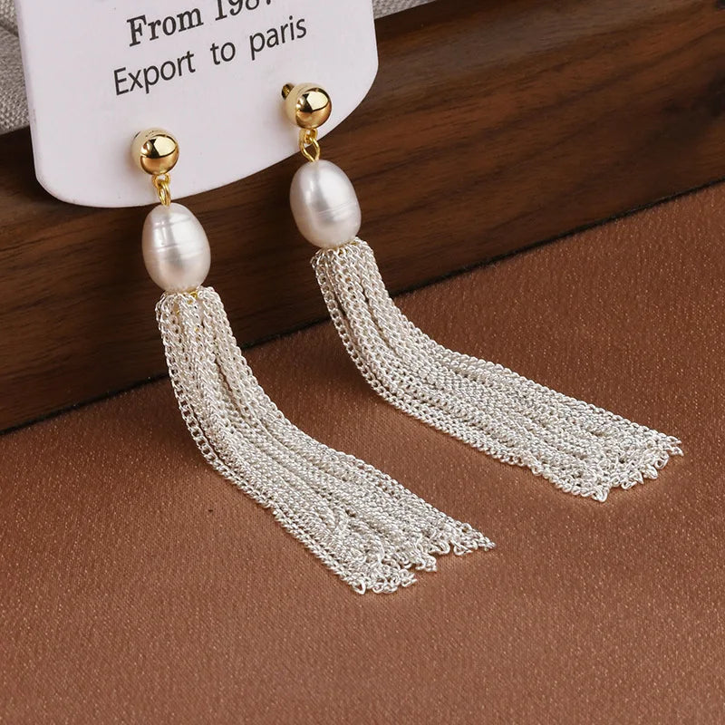 Baroque Retro Pearl Long-chain Fringed Stud Earrings Tassel Sweet Elegant Ear Stud Stylish High-end Earrings Jewelry for Women