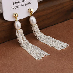 Baroque Retro Pearl Long-chain Fringed Stud Earrings Tassel Sweet Elegant Ear Stud Stylish High-end Earrings Jewelry for Women