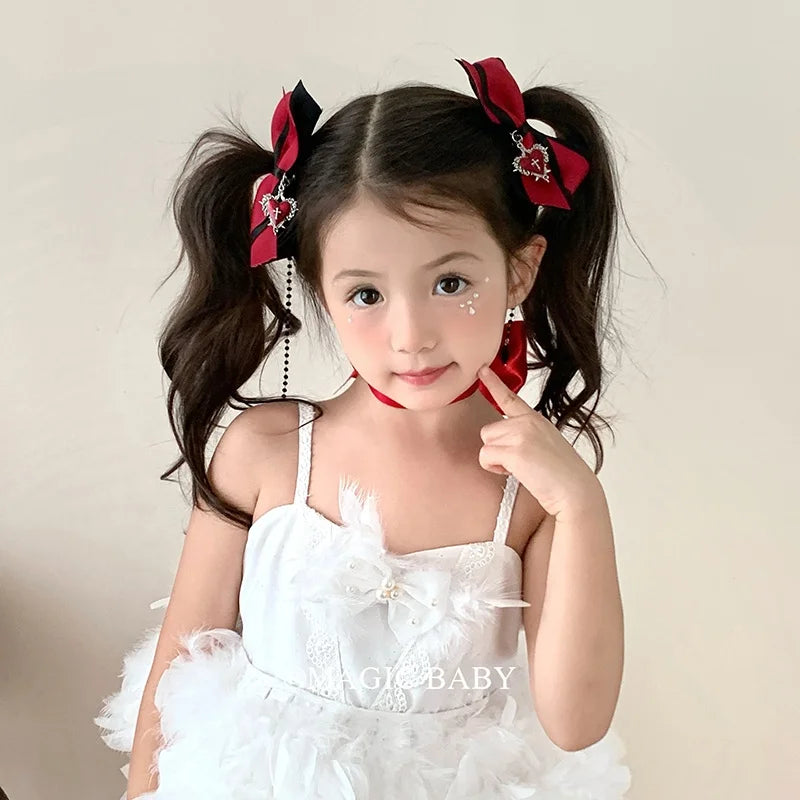 Red Bow Gothic Halloween Hair Clip for Kids Heart Cross Chain Spooky Cute Children Hair Accessories Chic Costume Party Hairpins