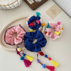 Girls Tassels Balls Decorative Solid Color Large Hair Ties Sweet Ethnic Fashion Ponytail Holder Scrunchies Accessories for Kids