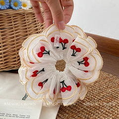 Female Three Layer Cherry Print Large Ponytail Holder Scrunchies Elegant Chic High Elastic Hair Ties Accessories for Women Daily